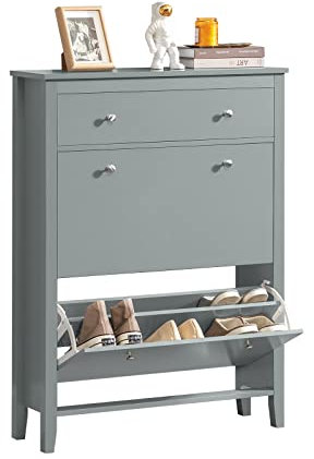 SoBuy FSR89-HG Zapatero 2 Solapas Armario de Entrada Zapatero con cajón Grande Gris 80 x 25 x 108 cm ES