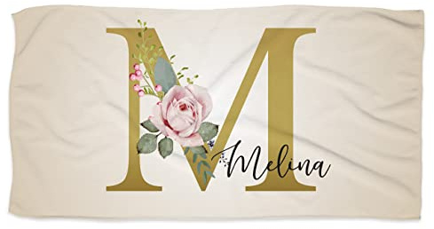 Herz & Heim® XL Strandtuch mit floralem Muster, Initiale und Name Bedruckt 100 x 180 cm (B/H) Rosen
