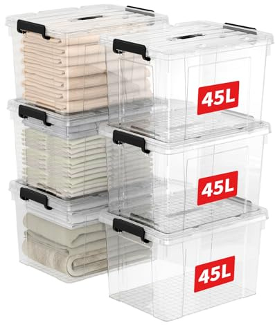 Cetomo 45L*6 Caja de Almacenamiento con Asa, Caja de Plástico con Tapa y Cierre Seguro, Contenedor de Almacenamiento Grande, Duradera, Apilable, Resistentes, Transparente, Paquete de 6 de 45L