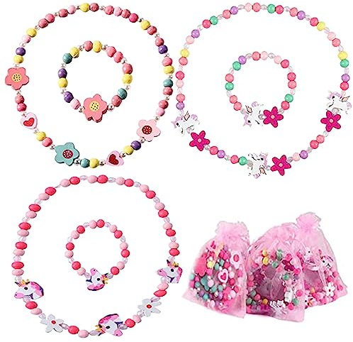 Giugio Holz Kinder Schmuck Set, 6Stk Einhorn Halskette Armband, Kinderschmuck, Einhorn Freundschaftsarmband Einhorn Perlen Halskette und Armband für Mädchen Geburtstag Party Dress Up Kostüm Zubehör