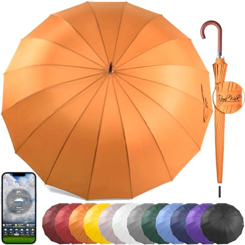 Royal Walk Groß XXL 54 inch Automatik Reise Golf Regenschirm für Damen und Herren Sturmfest Windsicher Leicht Klassisch für 2 Personen Holzgriff Wasserabweisend 16 Rippen Unisex 120cm
