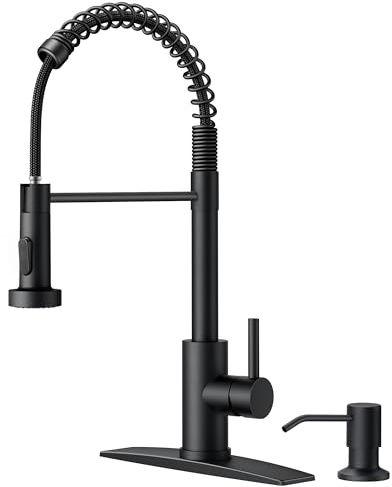 FORIOUS Black Kitchen Faucet with Soap Dispenser, Single Handle Stainless Steel Spring Sink Faucet with Pull Down Sprayer Transitional for Pot Filler, Farmhouse Camper Bar Laundry Room