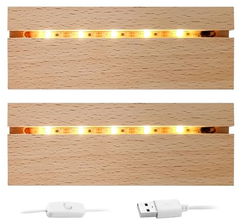 QENETY Wooden LED Lighted Base Stand, 4.33 Inch LED Lights Display Base, Rectangle Display Pedestal for Crystal Glass Resin Art Home Decor (2pcs)