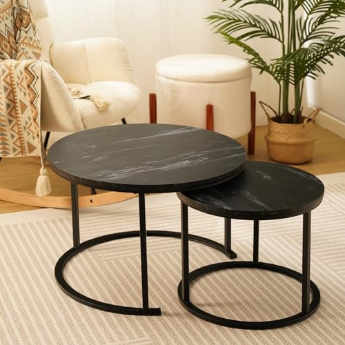 EUROSAKURA Runder Couchtisch Rund Beistelltisch 2er Set 70 * 45CM & 50 * 40CM Nordischer Couchtisch Satztisch 2 in 1 mit Metallbeinen für Wohnzimmer Schlafzimmer Balkon