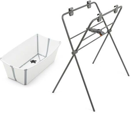 Bañera Flexi Bath de Stokke (White) + Soporte para Bañera Flexi Bath - Bañera para bebés de hasta 10 kg - Plegable, duradera y fácil de guardar - Cómoda de usar en casa o de viaje