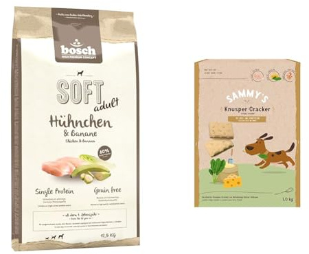 Bundle: Bosch HPC Soft Hühnchen & Banane | halbfeuchtes Hundefutter für ausgewachsene Hunde Aller Rassen | 1 x 12.5 kg + Sammy´s Knusper-Cracker | mit Käse- und Spinatfüllung | 1 x 1 kg