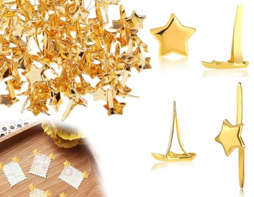 Lhbwhiz 200 Stück Musterklammern,Metall Musterbeutelklammern,Klein Verschluss Sterne Briefklammern,Pentagrammförmig verschlüsse Brads,für DIY Bastel Scrapbooking Papier Befestigung(Gold)