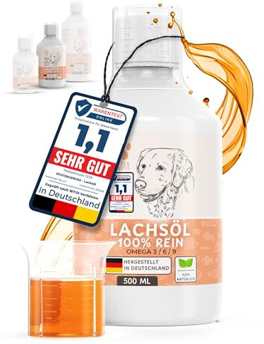 Pfotengenuss Lachsöl für Hunde Katzen &Pferde - natürliche Omega 3, 6 & 9 Quelle - für Gelenke Fell&Stoffwechsel - frisch abgefüllt in Deutschland - natürliches, hochdosiertes Lachs-Öl - Barf-Öl