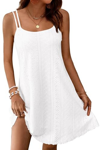 WNEEDU Vestido Mujer Verano Sin Mangas Ligero con Tirantes Finos Corto hasta la Rodilla Cuello Vestidos Redondo Informal Blanco XL