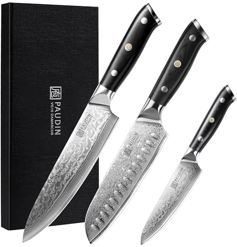 PAUDIN Damascus Knife Set 3 PCS, Japanese VG10 Steel Core, Ultra Sharp Chef Knife Set, Full Tang G10 Handle, Damascus Kitchen Knives