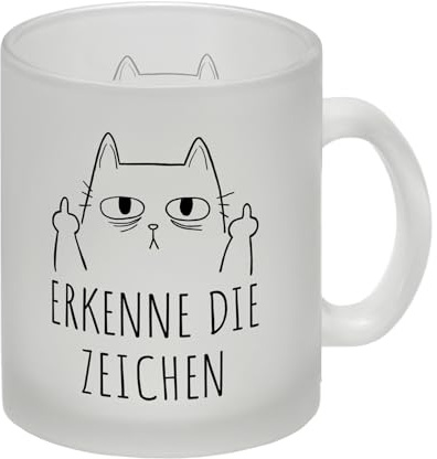 Katze mit Mittelfinger Glas Tasse mit Spruch Erkenne die Zeichen Kollege genervt im Büro Katze mit Stinkefinger Fuck you Tasse Abschiedsgeschenk