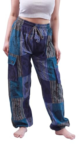 Handmade Cotton Trousers - 100% Organic Cotton, Washable, Patchwork Design, Stylish, Multicolor, 4 Pockets, Soft, Breathable, Unique Handcrafted, Durable, Comfortable Fit & Vibrant (L, Dark Blue)