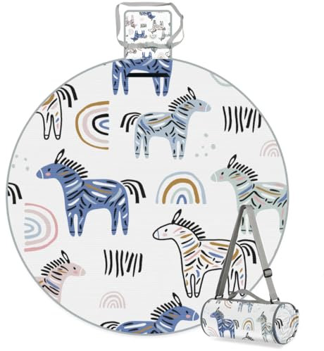 Mularoka Zebra runde Picknickdecke, Regenbogen, wasserdicht, sanddicht, faltbar, Stranddecke, 147,3 x 147,3 cm, extra groß, tragbar, waschbar, Outdoor-Matte für Camping, Park, Gras, Reisen