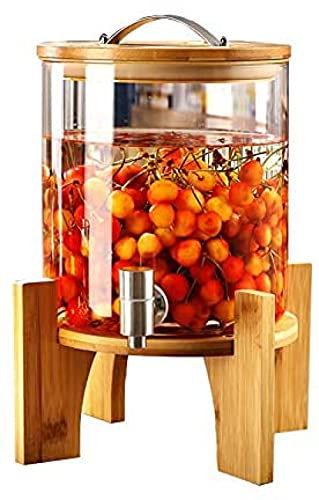 XWBLDBDFC Distributore di bevande con rubinetto in acciaio inox, dispenser per succhi, bottiglia di vetro con supporto in legno, brocca in vetro trasparente per uso domestico di grande capacità, 5