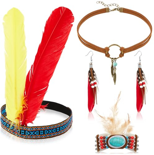 Otuuz 4 Vintage Indian Boho Karneval Accessoires 1 Indianer Feder Stirnband 1 Feder Ohrringe 1 Boho Lederhalskette 1 Leder Wrap Cuff Armband für Frauen mit Hippie Tribal Mottoparty Schmuck(Retro)