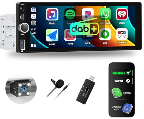 CAMECHO Autoradio DAB Plus Bluetooth mit Wireless Carplay Android Auto, 6.86 Zoll 1Din Autoradio Carplay mit Mirror Link für Android/iOS Bluetooth EQ FM/RDS Radio USB/Type-C SWC Rückfahrkamera&MIC