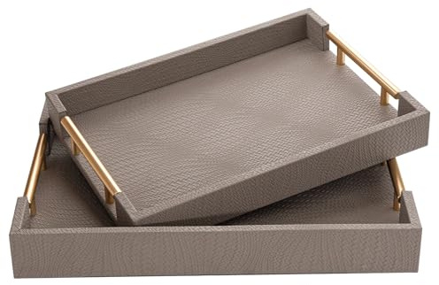 MACVAD 2-teiliges Ottoman-Tablett aus gewebtem Leder mit goldfarbenen Griffen, perfektes rechteckiges Serviertablett für Wohnzimmer, Couchtisch-Tablett als aufmerksames Geschenk für