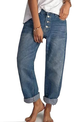 FYCYGG Barrel Jeans für Damen, weites Bein, Cropped-Jeans, hohe Taille, Baggy, Boyfriend-Mom-Denim-Knöchelhose mit Taschen(M)