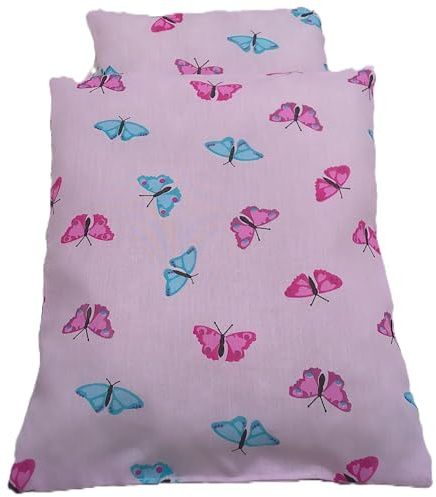 Puppenbettwäsche 2tlg. Schmetterlinge, Decke 27b x 33h, Kissen 22b x 15h cm, für kleine Puppenbuggy, Puppenbett, Lauflernwagen