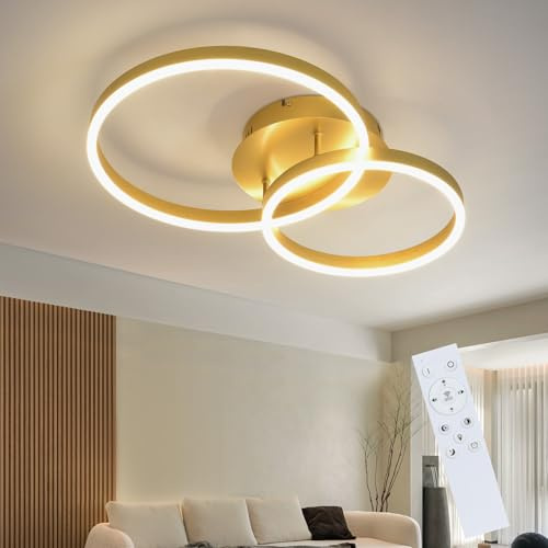 ZMH Deckenlampe LED Deckenleuchte Wohnzimmer 59CM Wohnzimmerlampe Gold 46W | Schlafzimmerlampe dimmbar mit Fernbedienung Modern Design 2 Ring aus Acryl Deckenbeleuchtung für Schlafzimmer Küche