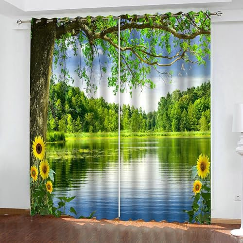 Bishilin Vorhänge Blickdicht mit Ösen 2 Set 274x138CM, Verdunklungsvorhänge Grün Bäume See und Sonnenblumen Landschaft Gardinen Verdunkelnd Wohnzimmer Jugendzimmer Schlafzimmer