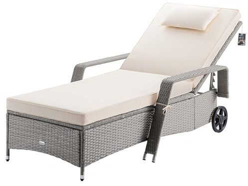 CASARIA Cream Rattan Sun Lounger with 7 cm Cushion and 5 Position Backrest | Anthracite Garden Recliner with Headrest Sturdy Steel Frame Wheels and 165 kg Capacity for Patio Balcony Poolside or Decking
