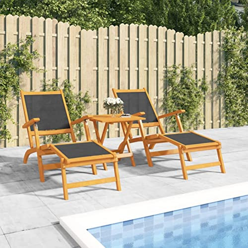 Homgoday Garten-Liegestühle mit Tisch Massivholz Akazie und Textilene Gartenstühle Terrassenstühle Balkonstühle Gartenstuhl Gartensessel für Garten Terrasse Balkon