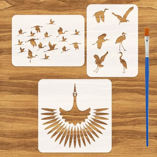 FINGERINSPIRE 3 Kranich Schablone Mit Pinsel 3 Stile Silhouetten Schablonen Für Fliegende Kraniche Schablone Für Wandernde Kraniche Schablone Für Nahaufnahmen von Haustierkranichen Vorlage Mit Tier
