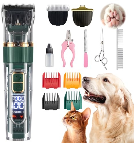 Tondeuse Professionnelle pour Chien et Chat, avec Écran LED, 4 Peignes de Limite, 3 Vitesses, Étanche IPX7 - pour Poils Longs et Noeud (Vert)