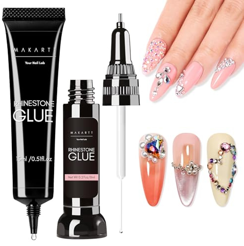 Makartt Kit de colle à ongles en gel Rhinestone - 3D - Charms pour ongles - Design nail art - Super forte adhérence pour breloques Gems Jewel Crystal Beads Diamonds, 15 ml et 8 ml, facile à utiliser