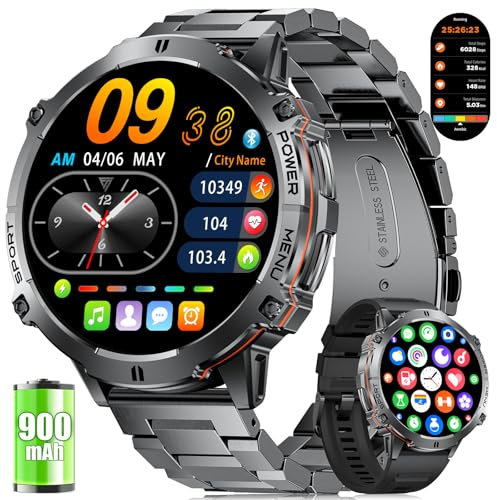 LIGE Smart Watch for Men Military with 900mAh Battery, 1,73’' AMOLED Ultra Screen 3ATM Fitness Watch with Compass Barometer, 110+ Sport Modes, Heart Rate/Sleep Monitor Pedometer for Android iOS Black