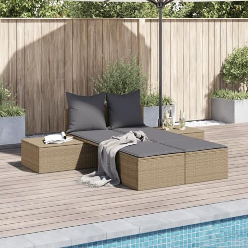 Massbinet Doppel-Sonnenliege mit Auflagen Beige Poly Rattan