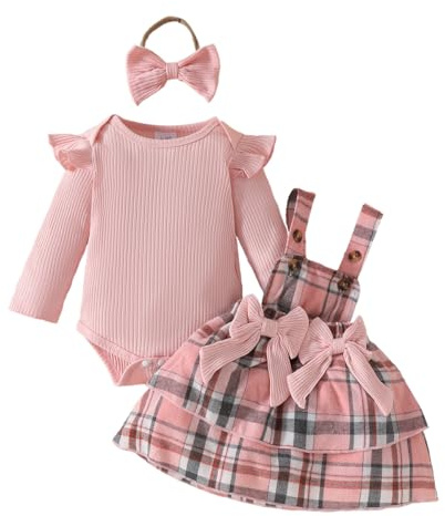 LUVCES Set Gonna Natalizia per Neonata Volant Manica lunga Pagliaccetto Top + Scozzese Bretelle Abito Abbigliamento Bambina Autunno Inverno Vestito Set Plaid rosa 0-3 Mesi