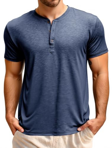 Runcati Herr T-shirt kortärmad Henley-skjorta sommar regular fit toppar män rund hals enfärgad basic skjorta casual t-shirt toppar med knappslå