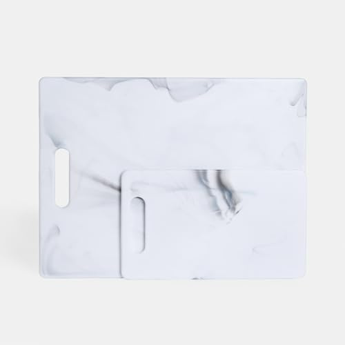 OHS Chopping Board Set of 2 Marble, BPA Free Plastic Chopping Board Non-Slip Scratch Resistant Easy Grip Handle Cutting Boards for Kitchen in Small & Large Size, White/Grey