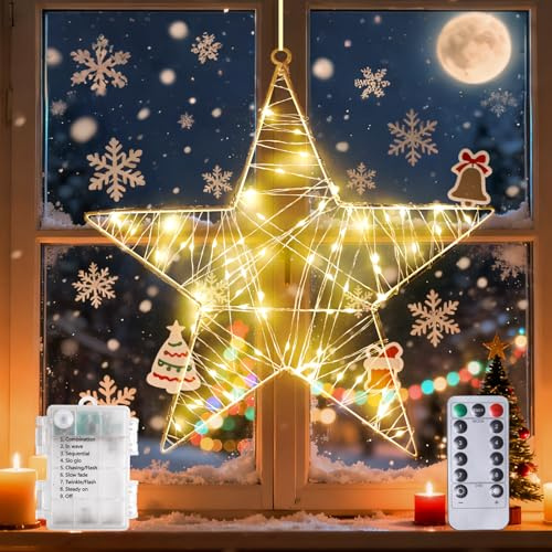 Lamptobe Weihnachtsstern Fenster, Weihnachtsdeko LED Stern Zum Aufhängen, Fensterdeko Weihnachten Beleuchtet, Weihnachtsbeleuchtung mit Batterie und Timer, Leuchtstern Indoor mit Fernbedienung, 30CM