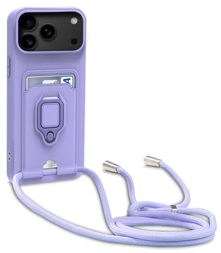 Dllatui Funda Compatible con iPhone 17 Pro MAX,Cuello Cordón Carcasa Silicona Suave,Ranura con Tarjetas,Carcasa Cubierta Anillo Soporte (Púrpura)