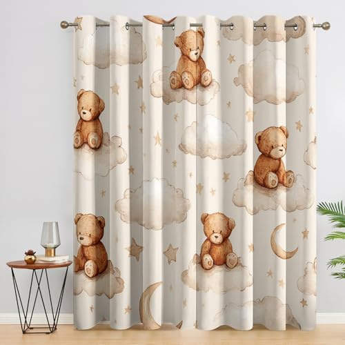 Generisch Teddybär Vorhänge Blickdicht Gardinen mit Ösen, Wolken Sterne Kinder Niedlich Deko Muster Wohnzimmer Schlafzimmer Fenster Verdunklungsvorhänge, H 166 x B 75 cm 2er Set (E5-37)