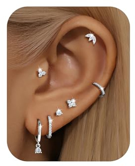 Turandoss 7 par silver och guld helix-piercings örhängen, hypoallergen 14K guldpläterade medicinska örhängen små kreoler huggie CZ kläpp örhängen tragus brosk örhängen smycken, Kubisk zirkonia