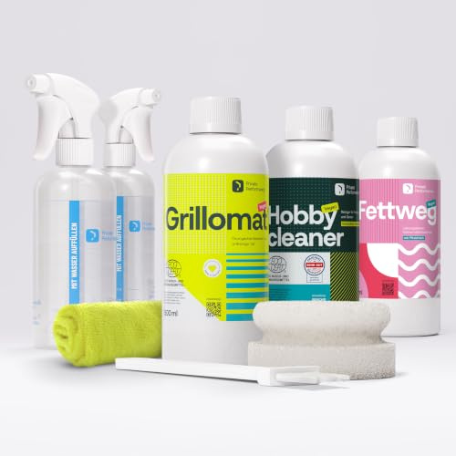 Private Performance Reiniger-Set GRILLOMAT® FETTWEG HOBBYCLEANER 3 x 500 ml | Für Grill, Küche, Haushalt, Auto und Freizeit • Vegan und ECOCERT-zertifiziert • Mit Zubehör • Made in Germany