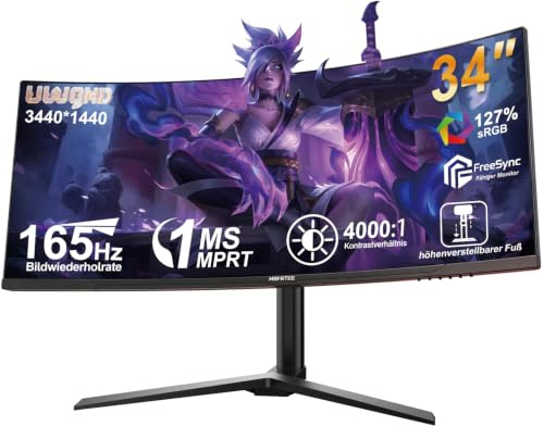 HGFRTEE 34 Zoll Ultrawide Curved Gaming Monitor 165Hz, 1500R PC Bildschirm UWQHD 3440x1440 mit Höhenverstellung, 1 ms (MPRT) FreeSync, PBP, DP/HDMI, VA, VESA 75 * 75mm, neig- und schwenkbar