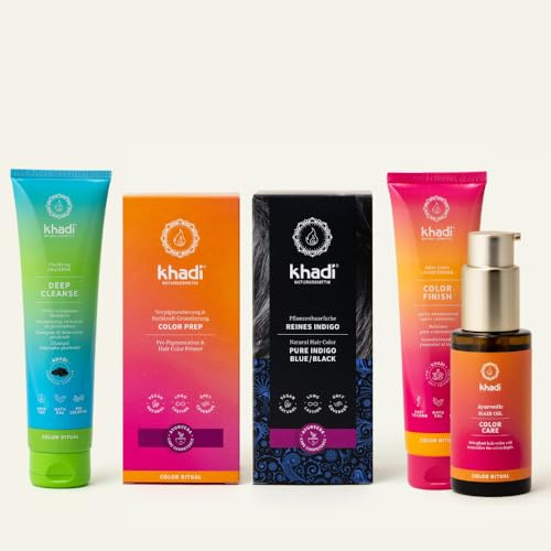khadi Pflanzenhaarfarben ColorCycle Bundle – REINES INDIGO Pflanzenhaarfarbe + Deep Cleanse Shampoo + Color Finish Conditioner + Color Care Haaröl + Color Prep Vorpigmentierung