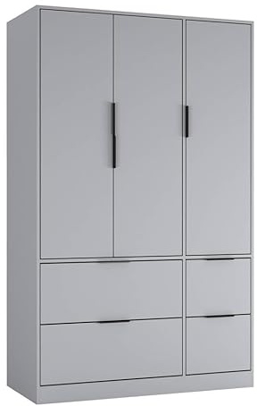 URBNLIVING 3 Door Wardrobe with 4 Drawers – Wooden Bedroom Storage Cupboard with Hanging Rail for Clothes - Grey Unit & Grey Doors & Drawers