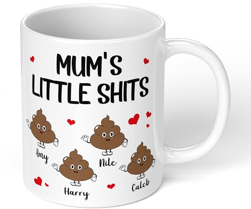 Personalised Funny Mum Mug | Custom Names Mug | “Mum’s Little Sh*ts” Cheeky Design | Rude Humour Gift for Mum, Mummy, Grandma | Ceramic Coffee Tea Cup | Birthday, Mother’s Day, Christmas