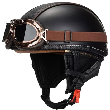 KKVGP Öppet ansikte MC-hjälmar Vintage motorcykelhalvhjälm med med glasögon DOTECE Godkänd Half Shell Cap Cruiser Chopper Moped skoterhjälm for vuxna män kvinnor(3,M=57~58cm)