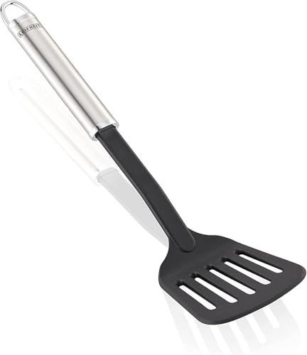 Leifheit Pfannenwender NylonSterling-Serie, Küchenhelfer aus rostfreiem Edelstahl und hitzebeständigem Nylon zum Kochen ohne Kratzer, Bratenwender mit ovalem Griff und praktischer Aufhängeöse, Silber