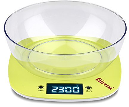 Girmi PS03 Bilancia alimentare, Grande ciotola 1.4 Litri, 1 gr/ 5 Kg, Display Alta Luminosità, Autospegnimento, Funzione Tara, Verde