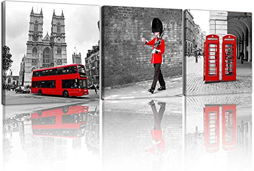 NAN Wind Moderne Giclée-Leinwanddrucke, London, Schwarz und Weiß mit rotem Bus, Union Jack, britische Wachen, Poster Telefonzelle, Gemälde auf Leinwand, gespannt und gerahmt, fertig zum Aufhängen, für