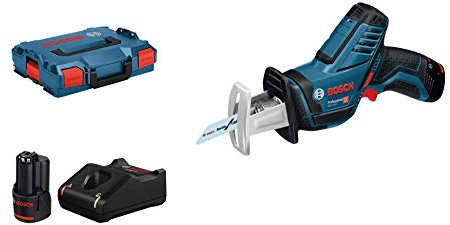 Bosch Professional 12V System Akku Säbelsäge GSA 12V-14 (Schnitttiefe Holz/Metallprofile: 65/50mm, inkl. 2 Sägeblätter, 2x 3.0Ah Akkus und Ladegerät, L-BOXX)