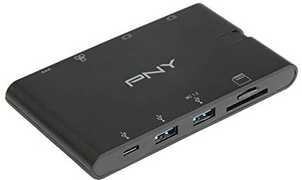 PNY All-In-One USB-C Mini Docking Station mit integriertem USB-C-Kabel mit 2xUSB-C, 2xUSB-A 3.1, 1xHDMI, 1xVGA, 1xRJ45, 1x SD und microSD-Anschlüssen, Schwarz, A-2UF-2TC-K01-RB